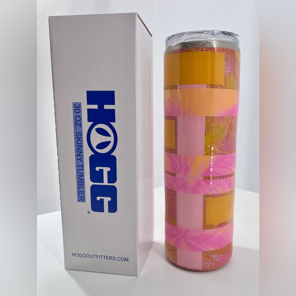TUMBLER - Handmade Resin 30 Oz Skinny Stainless Steel - Pink Palms